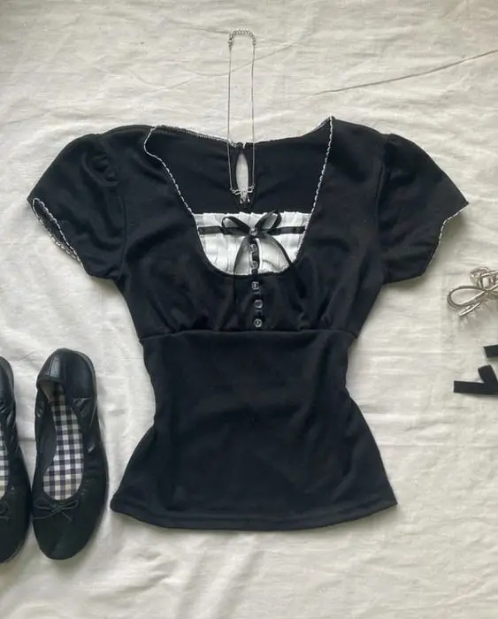 Y2k Summer Crop Top Bow Aesthetic T shirt Women Clothes Casual Kawaii Sexy Emo 2000s Tops Gothic Vintage Tees Coquette Tshirts