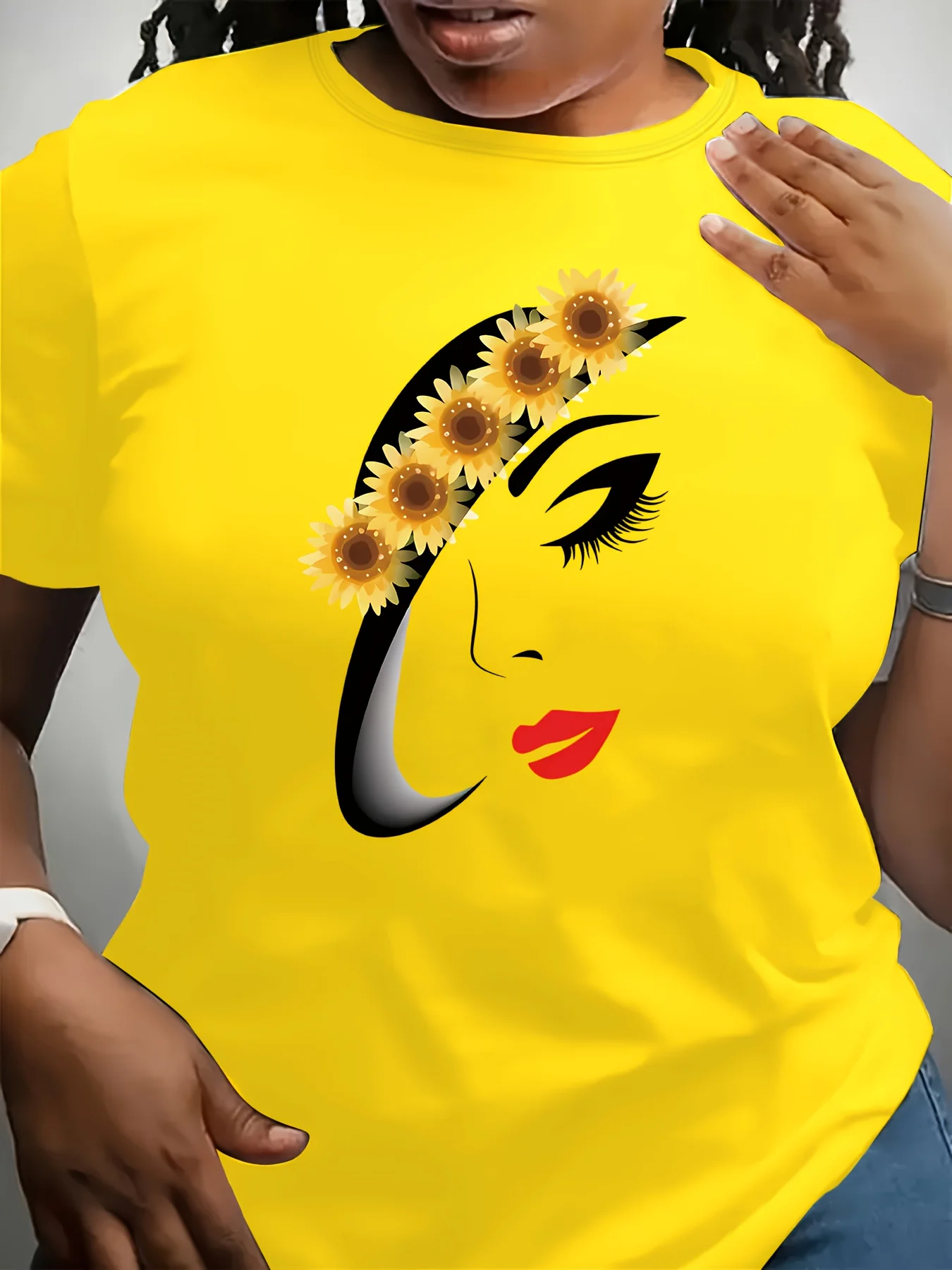 Damen-Freizeit-T-Shirt mit lebhaftem Sonnenblumen-Print, trendiges Sonnenblumen-Print-Design in lebhaften Farben, bedrucktes T-Shirt im urbanen Stil