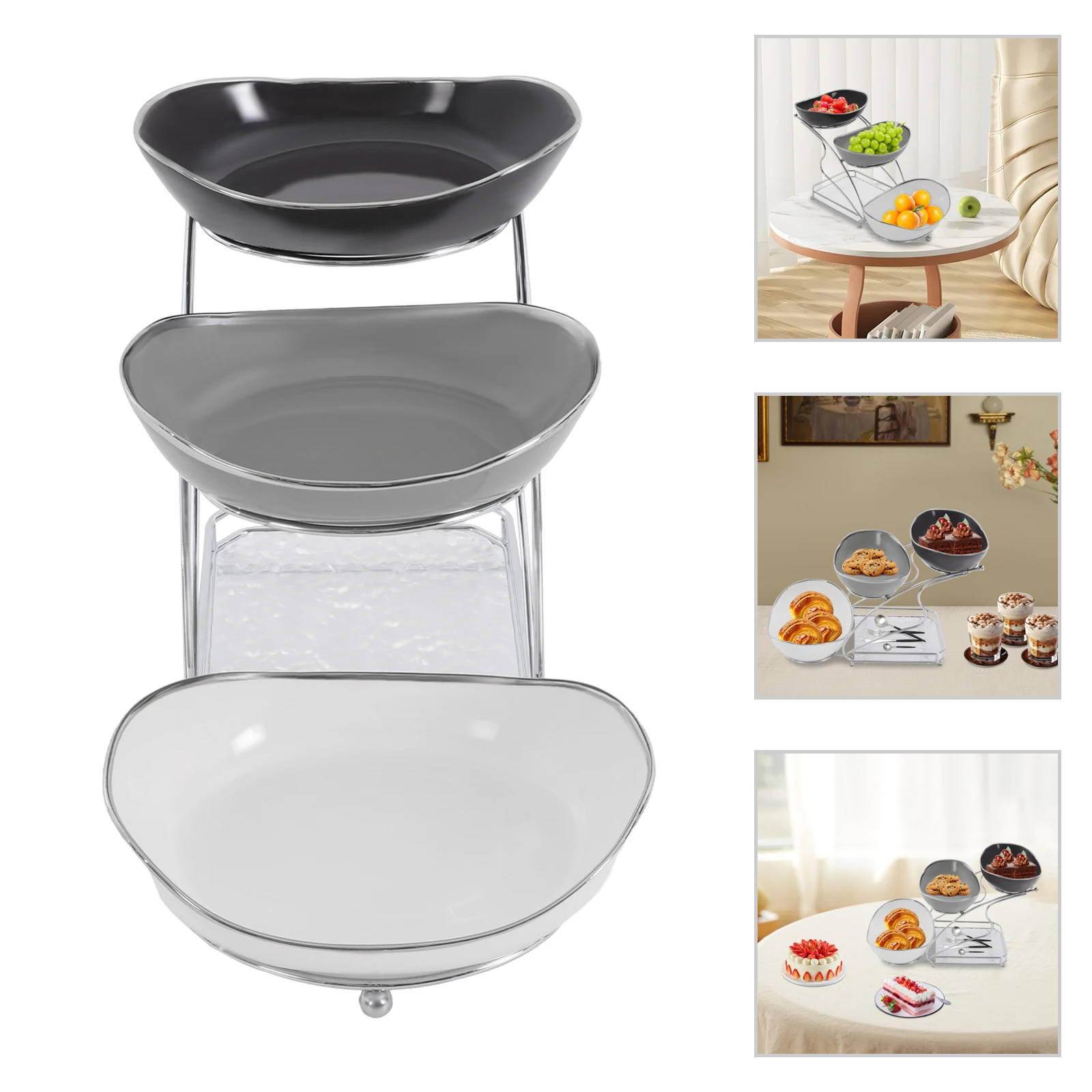 3-Tier Fruit Serving Bowl Holder, Tiered Fruit Stand with 3 Ceramic Bowls, Acrylic & Iron Rack, 15.43 lbs Load, Silver