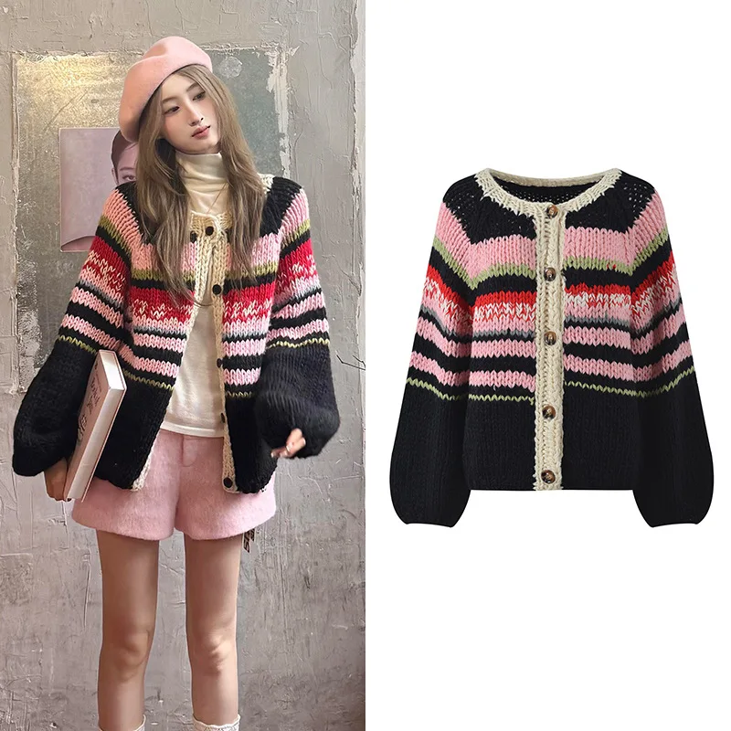 

Модный вязаный кардиган в полоску с цветовыми блоками, свободного кроя, для повседневной носки, женский, утепленный, осенняя новинка