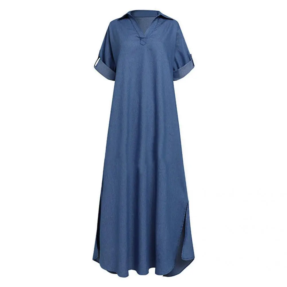 

Denim Dress Soft Women Dress Breathable Denim Trendy Solid Color V-neck Women Dress