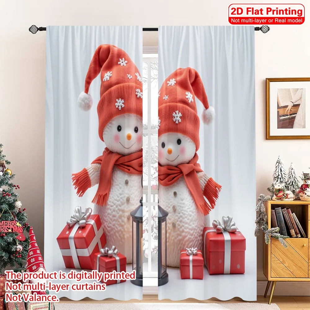 

2pcs 2D flat printing Merry Christmas Curtain Happy Snowman Christmas Holiday Fabric Without Electricity Festive Holiday Use for