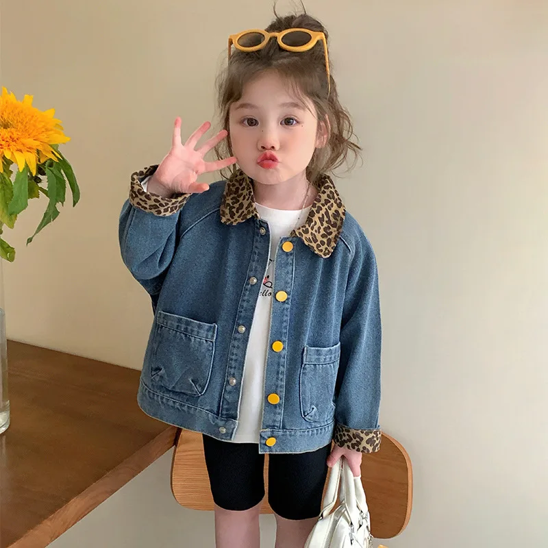 Girls Coat 2025 Autumn and Winter New Children's Clothing Girls Baby Fashion Leopard Print Stitching Denim Coat Casual Simple