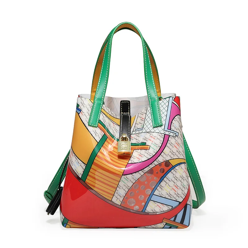 

2025 New Large Capacity Bucket Bag for Women, Printed Two-Tone Trendy Handheld Tote, Spacious Color Block Shoulder Bag