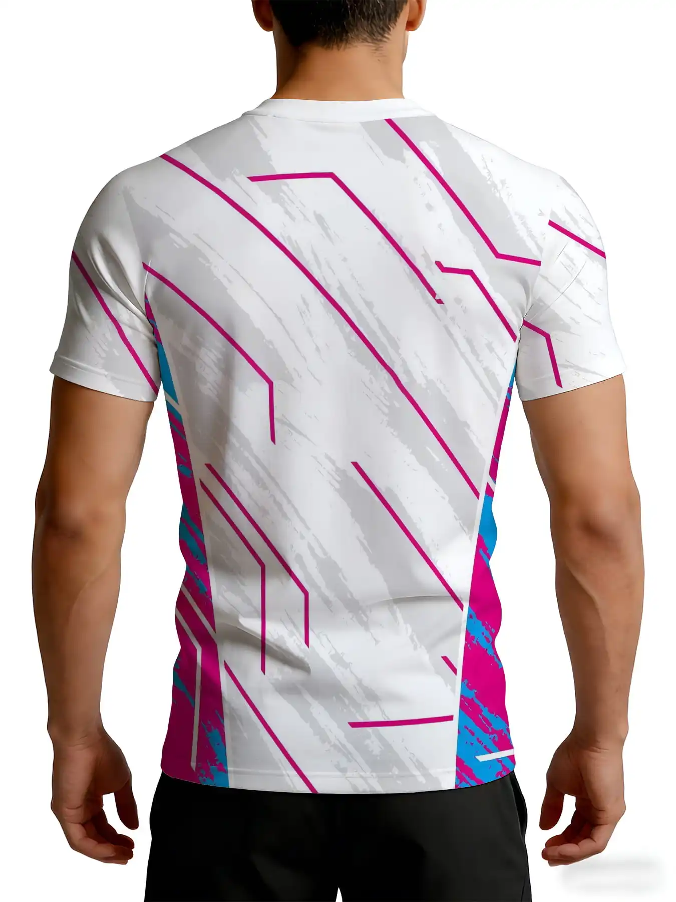 Men Quick Dry T-shirt High Elastic Pink Blue Broken Line Geometric Print Short Sleeve Breathable Crew Neck Tee