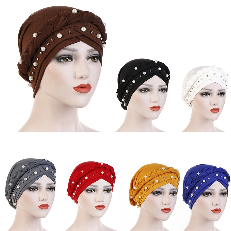 New Turban Cap Milk Silk Monochrome Single Braid Cap Nail White Pearl Muslim Pullover Cap Weave Layered Hat Birthday Gifts