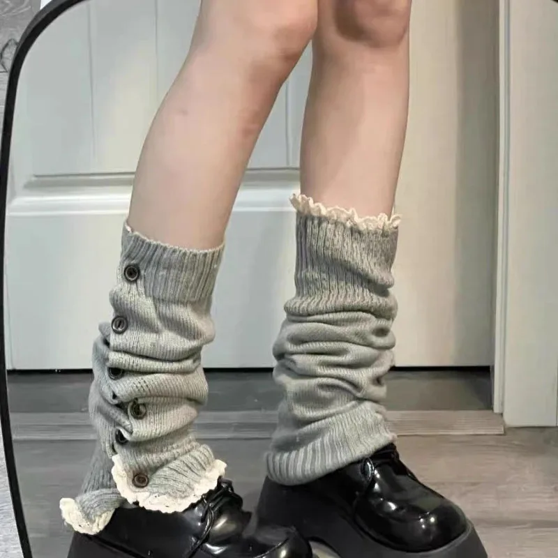 Y2K Knitted Pink Leg Cover Button Lace Pile Socks Legs Warmer Socks Multi-color