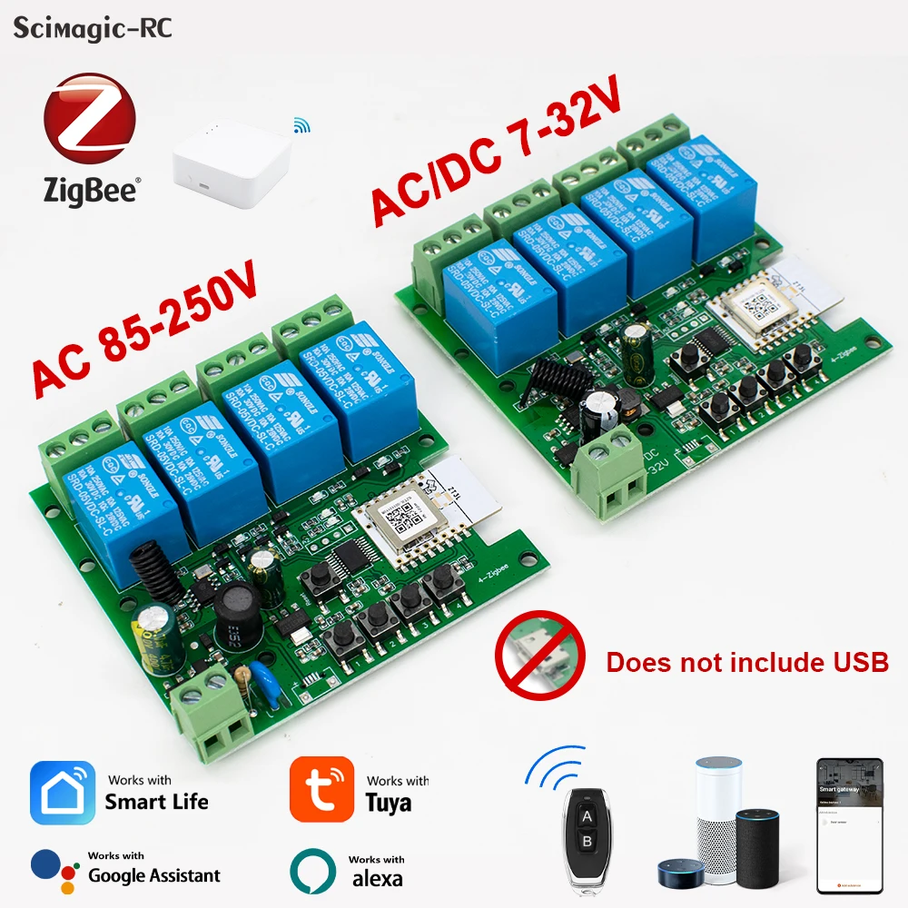 4CH Zigbee Smart Home Relay Module 220V 110V 24V Switch AC DC 7-32V 85-250V Work With Alexa Google Assistant Smart Light Switch