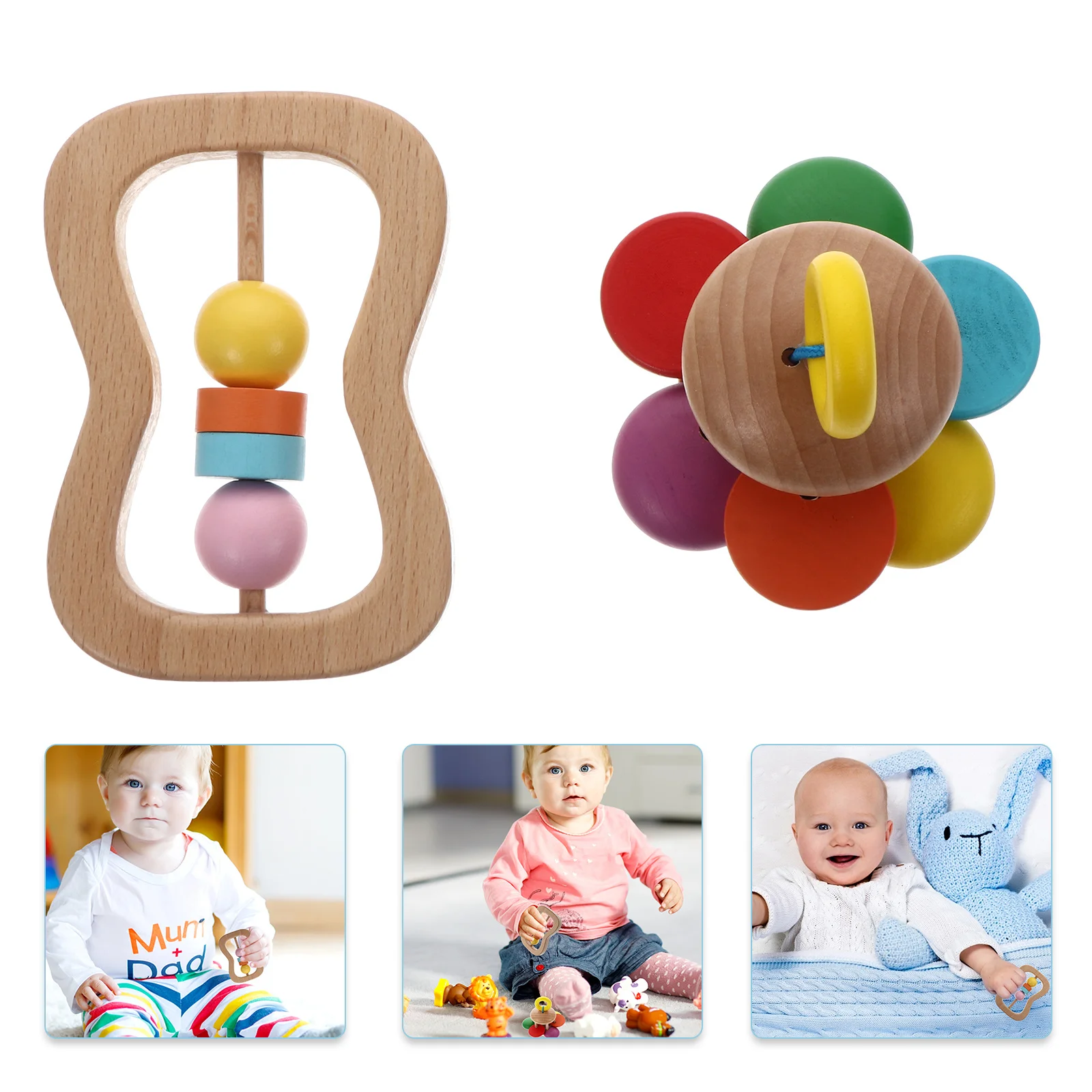 Sonajero de mano de madera para bebé, Color brillante, diseño creativo, juguete educativo para edades tempranas, desarrollo sensorial del Motor, música infantil, 2 uds.