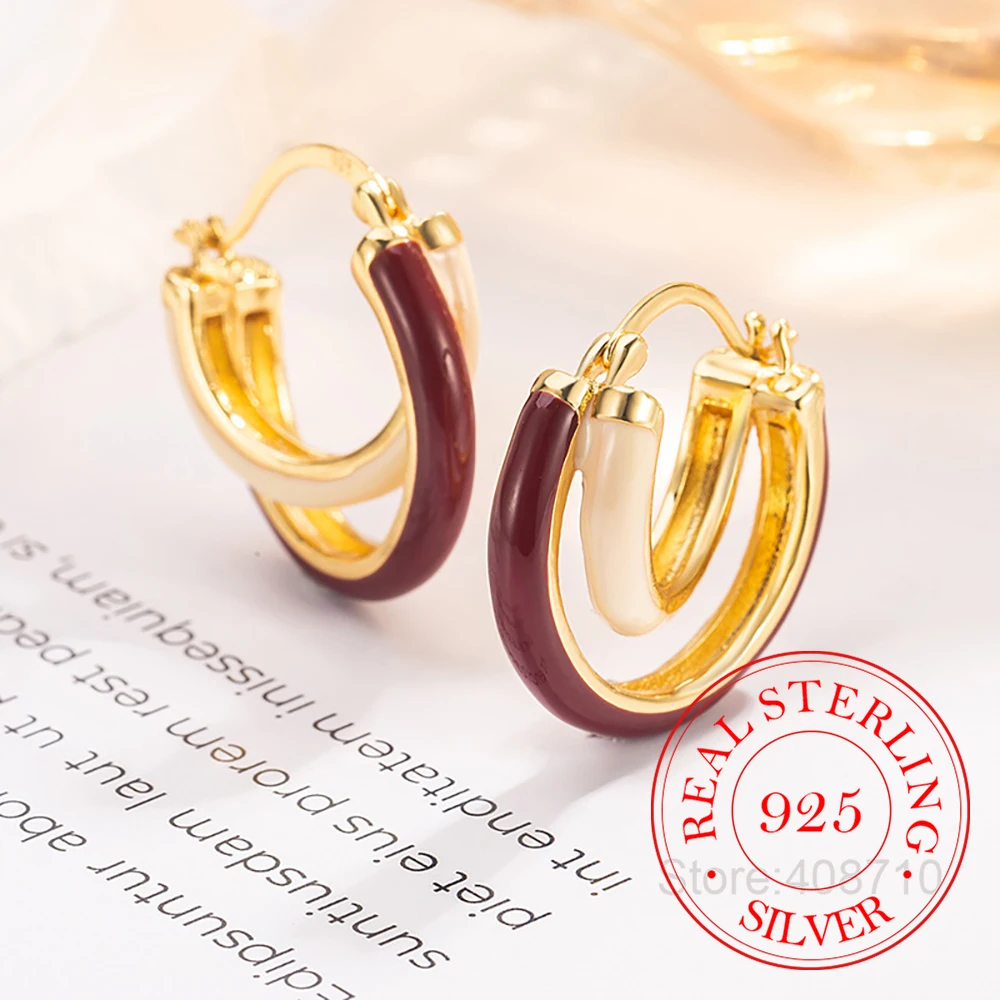 

925 Sterling Silver Jewelry Vintage Two Circle Color Blocking Hoop Earrings for Women Wedding Party Jewelry Girls Friend Gift