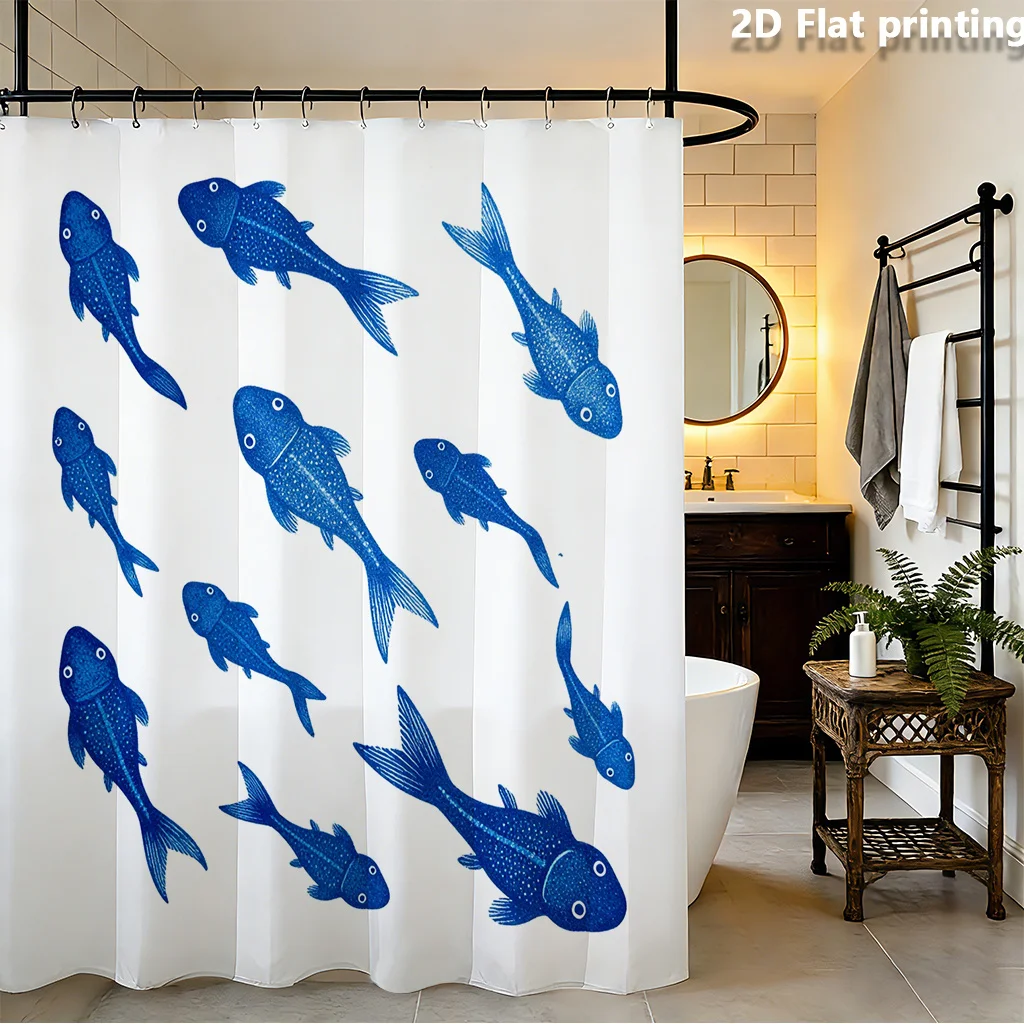 Ocean Flow Abstract Shower Curtain – Indigo & Seafoam Curves on Cream, Polyester  12 Grommets, Machine Washable, 72×72
