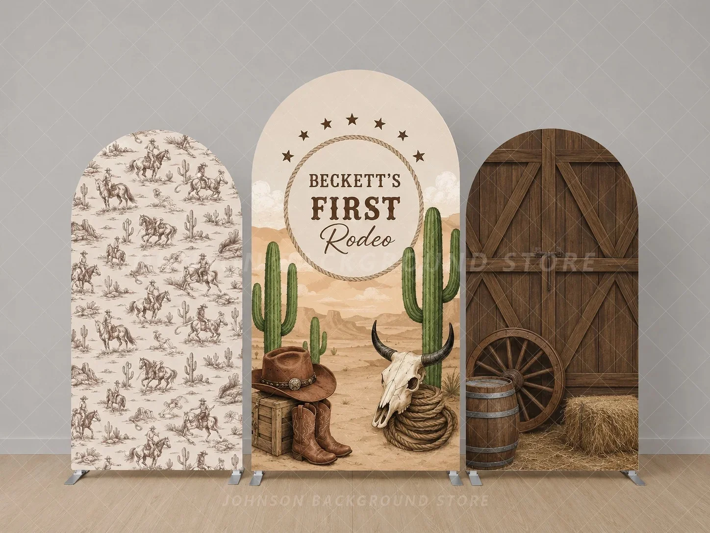 Custom Western Cowboy First Rodeo Arch Backdrop Cover Cactus Horse Barn Rustic Straw Three Panel Boys First Birthday Background