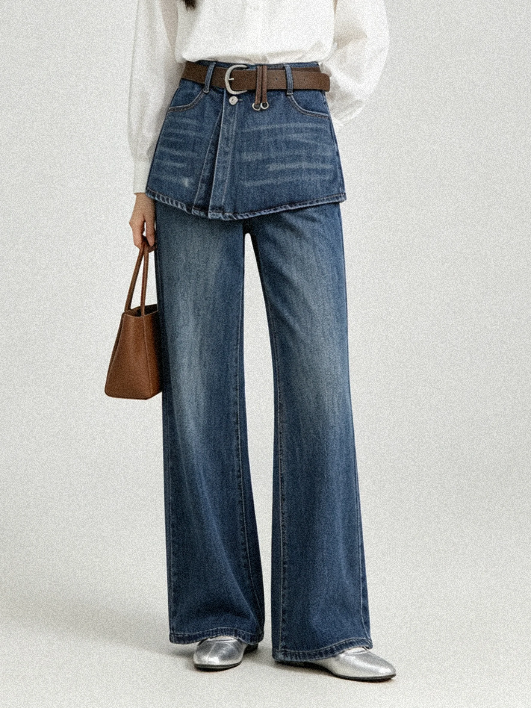Retro Hong Kong Style High Waist Flared Jeans Women's Deep Blue Long Pants Fake Two-Piece Denim Pants Standard Fit Daily Wear
