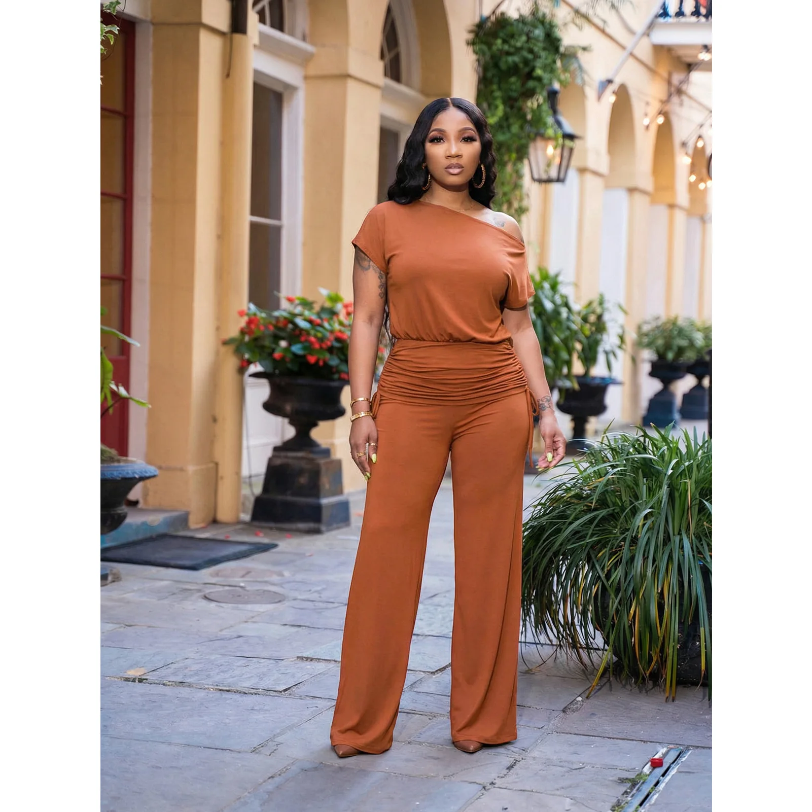 Two Pieces Women Pant Sets Pleated  Matching Set Asymmetric Neckline Top Elastic Waist Skinny Pants Slim Fit Casual 2026 Summer