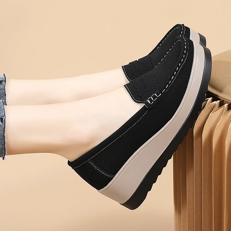 Spring Autumn Women Flats Platform Loafers Ladies Cow Suede Genuine Leather Comfort Wedge Moccasins Slip On Casual Shoes