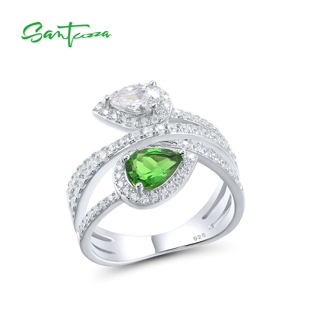 SANTUZZA 925 Sterling Silver Rings For Women Green Stones White CZ Elegant Pear Rings Party Gifts Stunning Fine Gorgeous Jewelry