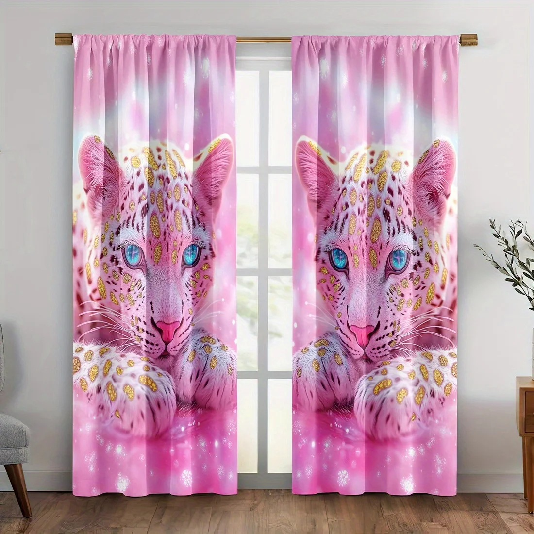 2 Panels Pink Leopard Printed Curtains Gold Spots Animal Window Drapes Polyester Living Room Bedroom Home Decor