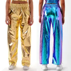 Spodnie damskie z wysokim stanem metaliczny błyszczący Jogger na co dzień holograficzne kolorowe spodnie Streetwear damskie modne gładkie odblaskowe spodnie