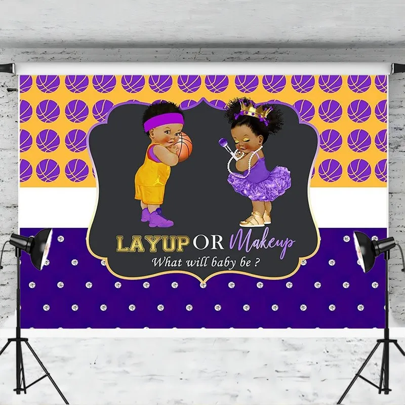 Layup or Makeup Gender Reveal Backdrop Purple Basketball Boy or Girl Background He or She What Will Baby Be Party Decoration