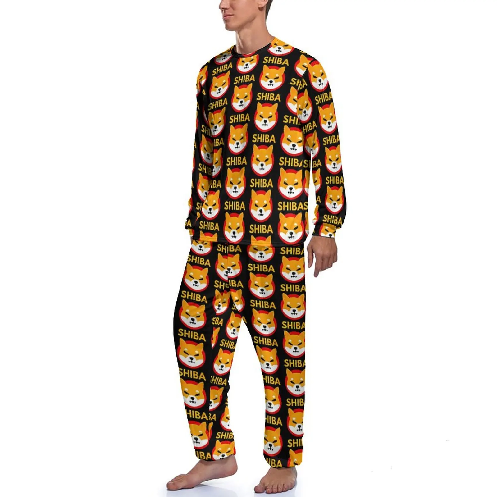 Shiba Coin Cryptocurrency Pajamas Spring  Home Nightwear Man 2 Pieces Design Long Sleeves Retro Pajama Sets