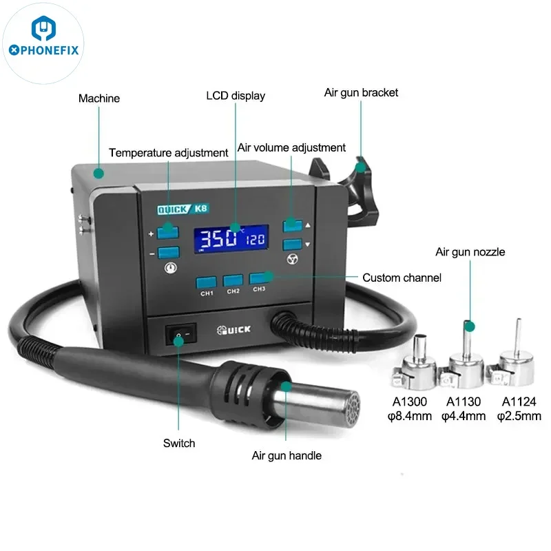 Quick k8 Estação de ar Quente Inteligente sem Chumbo para Celular Bga Desoldering Reparo Pistola de ar Quente Retrabalho de Solda 1000w
