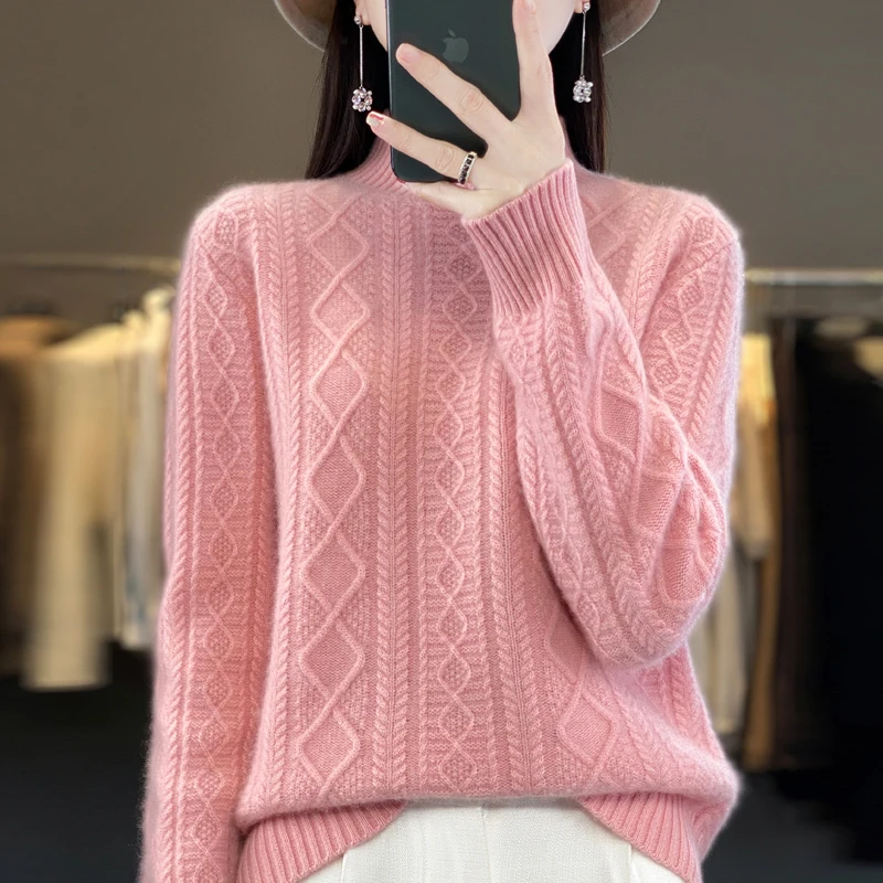 New 100% merino wool cashmere sweater in autumn and winter Women\'s Sweater Twisted Thickened High-necked Long-sleeved Warm Top