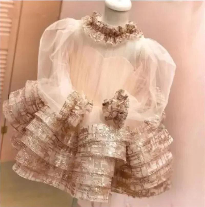 

New Champagne Princess Dress Baby Girl Clothes Long Sleeve Birthday Party Vestido Wear 1-14Years