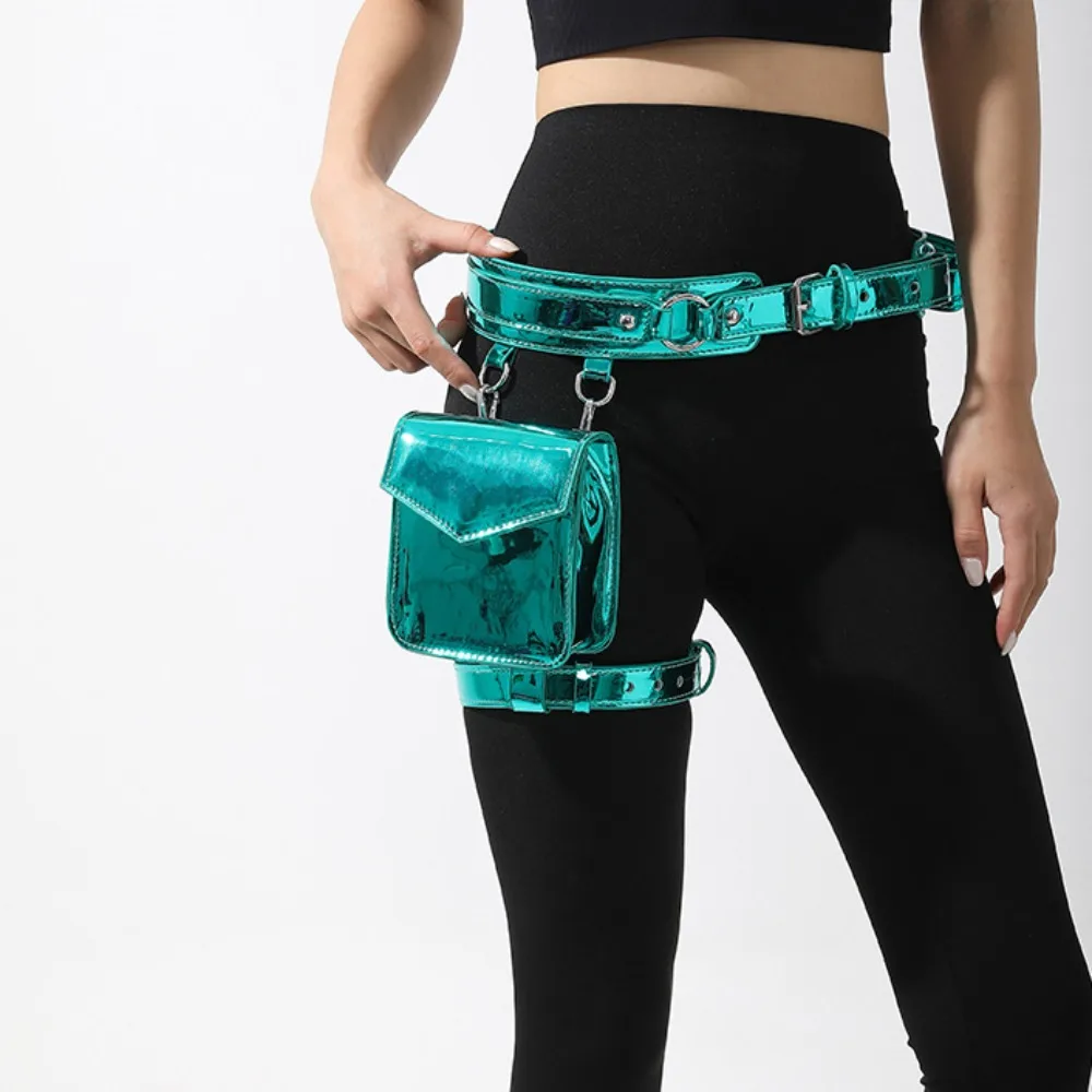 

Creative Punk Metallic Waist Belt Pouch Goth Leg Ring Thigh Harness Leg Bag Coin Purse PU Leather Glossy Fanny Pack Girl