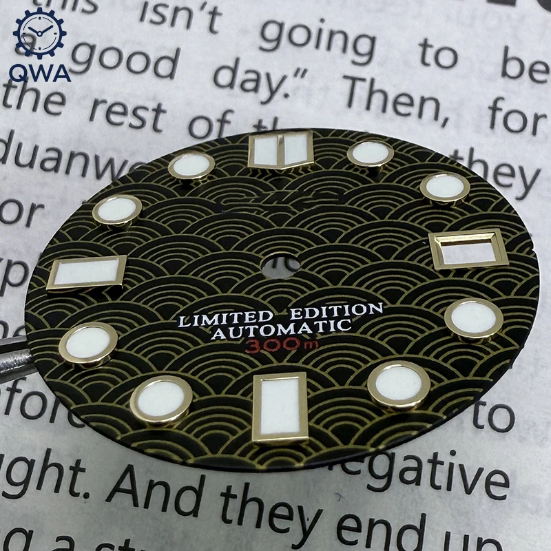 QWA 28.5 مللي متر NH35 موجة البحر مقياس السمك نمط ساعة S الطلب الأخضر مضيئة صالح NH35/NH36/4R/7S ساعة أوتوماتيكية اكسسوارات