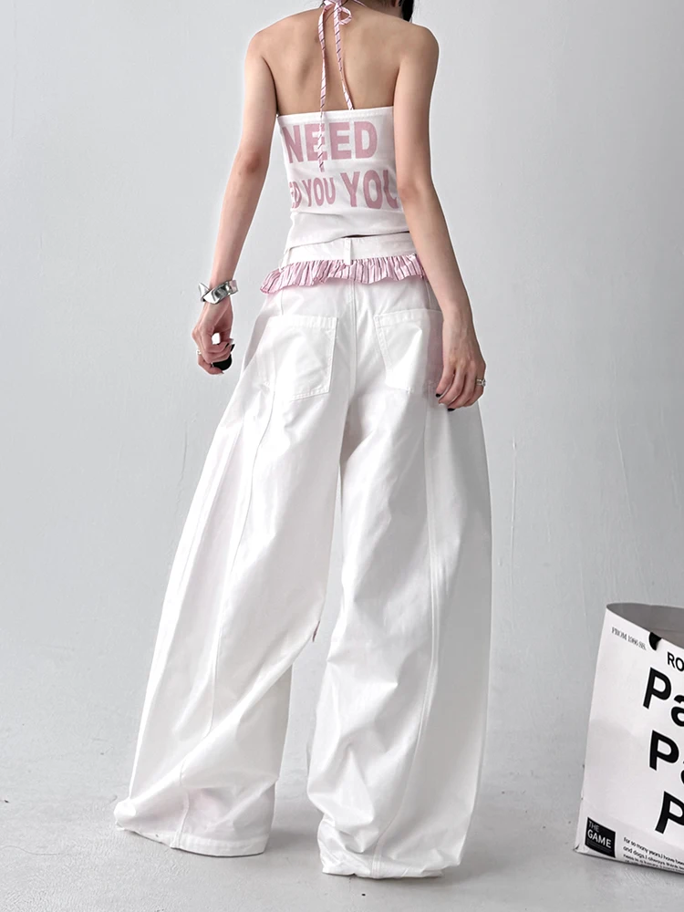 High Waist Loose Casual Pants Women's Spring Summer Floral Lace Splicing Wide Leg Pants Comfortable Breathable Cotton Trousers