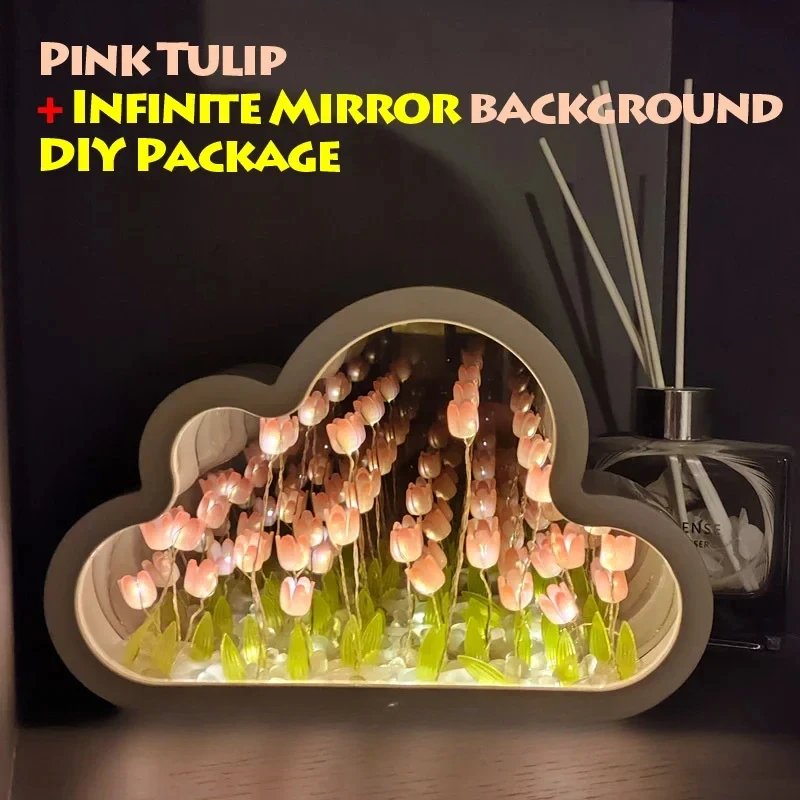 20 Flowers Handmade DIY Material Package Tulip Sea Desk Lamp LED Night Light Mirror Desk Lamp Birthday Gift Home Decoration Lamp