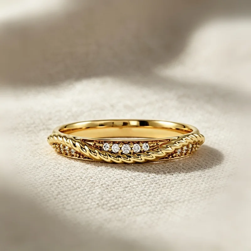 S925Pure silver twisted rope ring with diamond accents, a stylish and elegant piece for women, reflecting European and American
