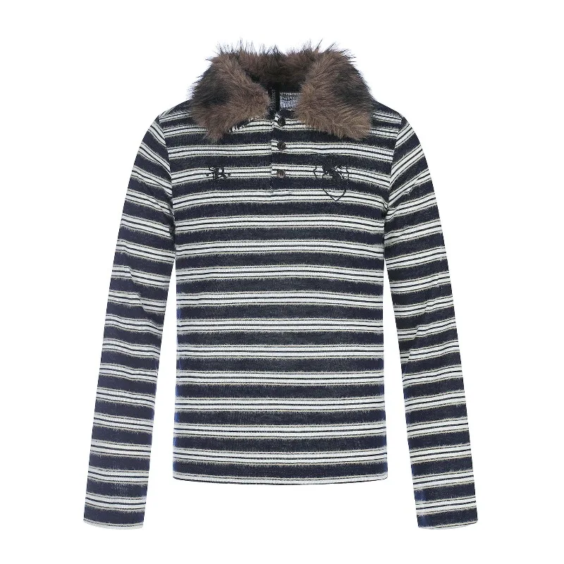 Men's Retro Striped Polo Shirt with Faux Fur Collar – Vintage Embroidered Long Sleeve Slim Fit Pullover for Streetwear