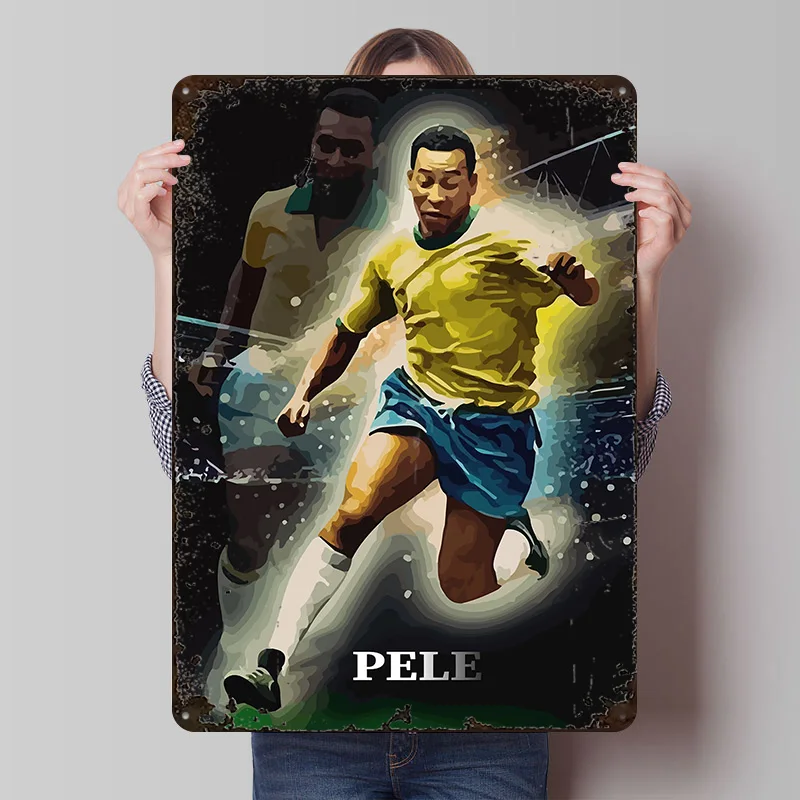 Pele Brazilian Soccer Tinplate Poster Customized Wall Art Retro Vintage Metal Signs for Fans House Decoration Bedroom Desk Decor