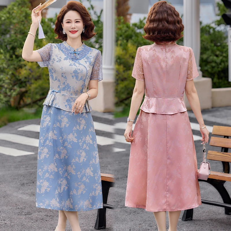 Elegant New Chinese Style Qipao Dress Mid-aged Women Summer Fashionable Elegant Long Skirt Button silk splice Dress