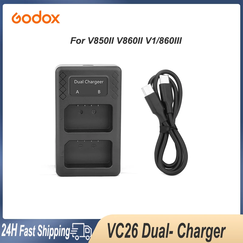 Godox VC26 Dual USB c Charger for Godox V1pro/860III V850II V860II Speedlite Flash Battery Fast Charger two Slots