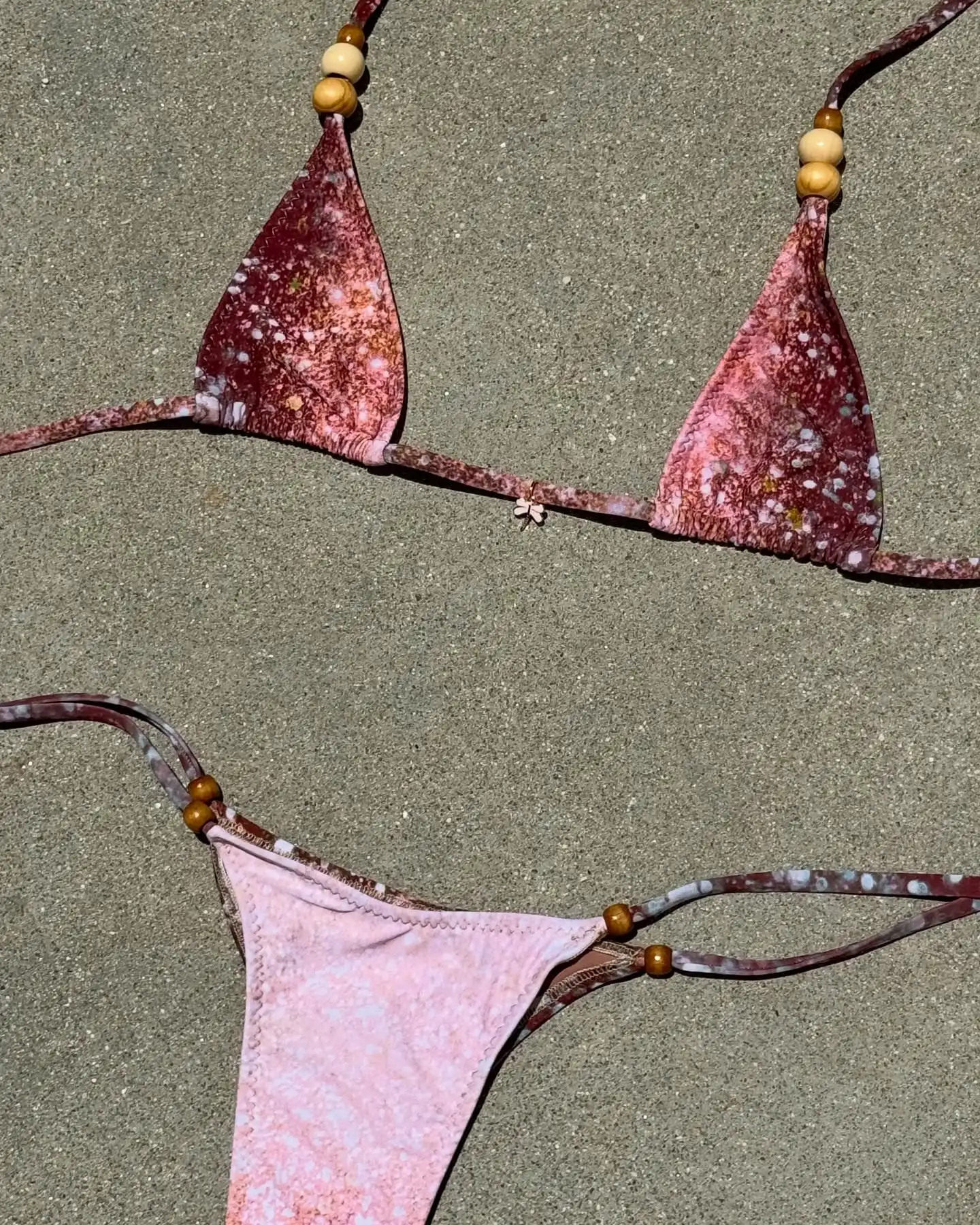 2025 Women's Two-Piece Swimsuit Pink Marble Pattern with Beaded Straps Perfect for Beach Wear and Pool Parties Summer Getaways