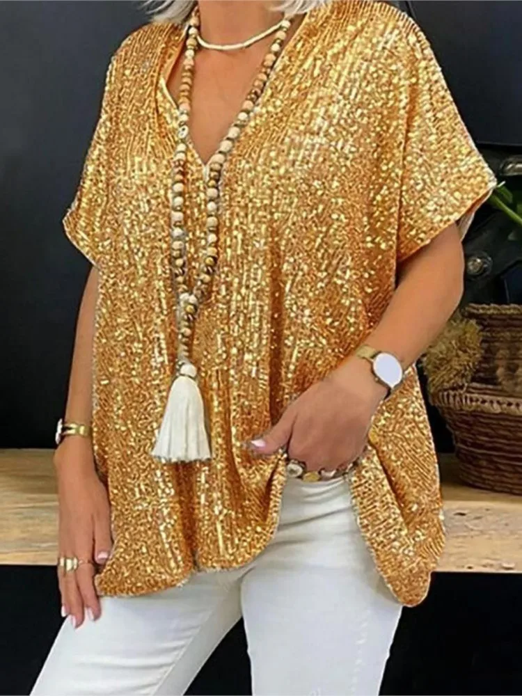 Blouses Women Plus Size Sequin Blingbling V Neck Short Sleeve Loose Top Shirt Party Clubwear Streetwear V-Neck Tops