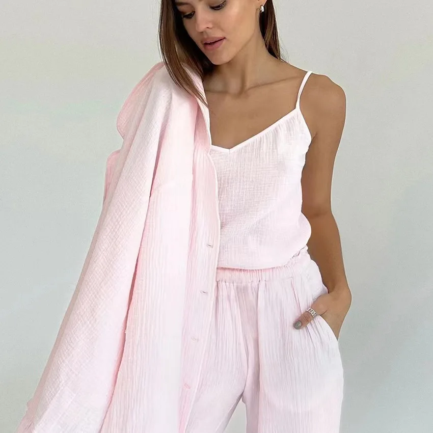 طقم بلوزات وسراويل فضفاضة طويلة مع حزام تي شيرت قطعة ملابس منزلية مادة قطنية مجموعة ملابس الخريف النسائية #2