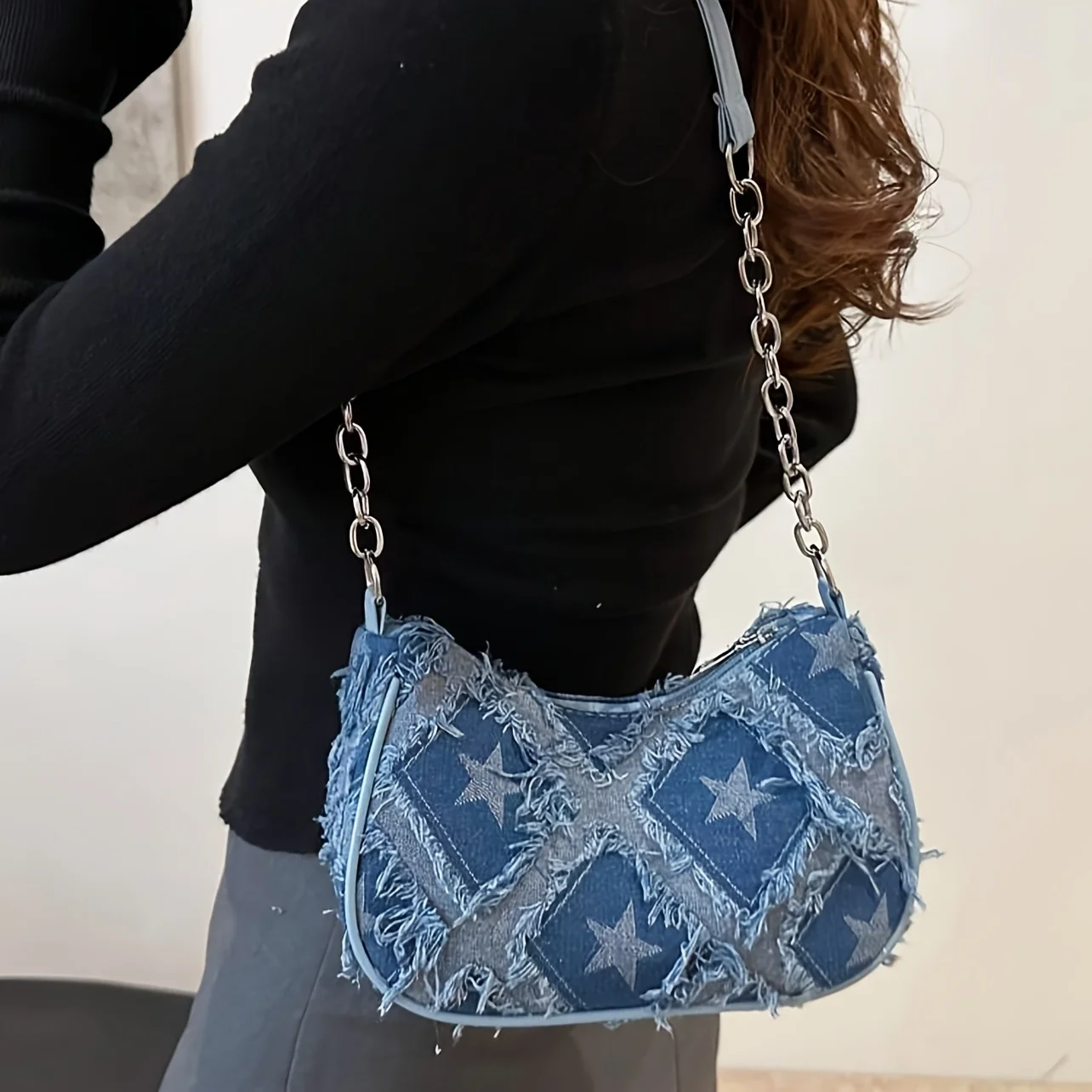 

Women's Tote Bag with Star Pattern Blue Distressed Design, Golden-Tone Hardware, Stylish Handbag Shoulder Bag for Everyday Use20