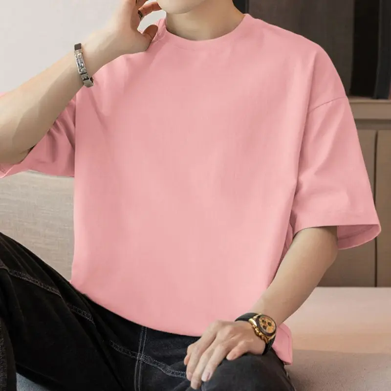 American Heavy Short-sleeved T-shirt Men's Round Neck Summer Solid Color Trendy Loose Half-sleeved Base Shirt