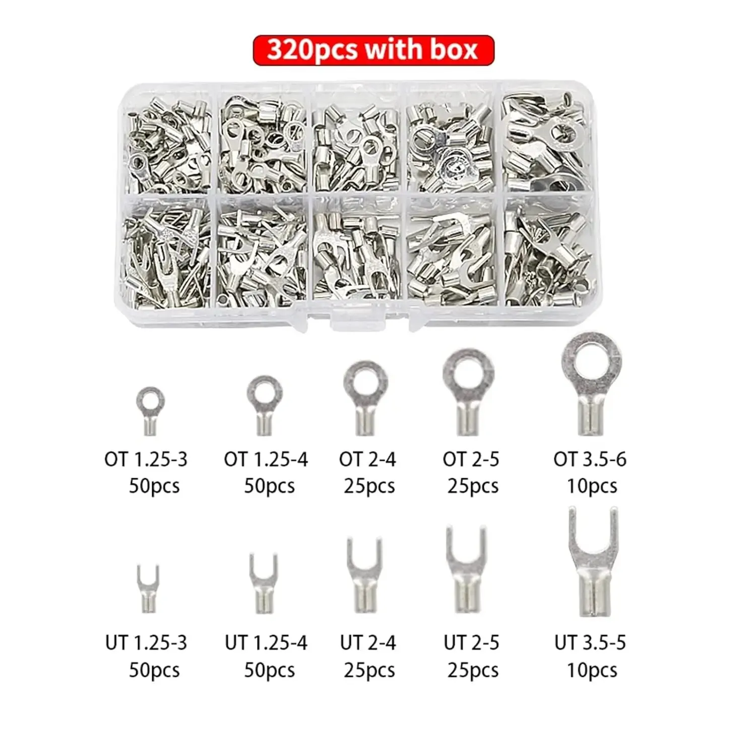 200/320Pcs Cable Wire Connector Crimp Spade Terminals Non-Insulated Ring Fork U-Type Brass Terminals Assortment Kit