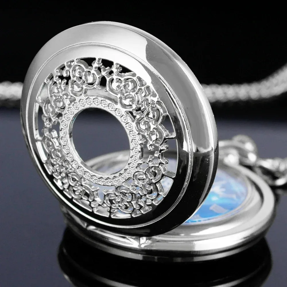 Starry Sky Blue Dial Antique Quartz Pocket Watch Necklace Pendant Souvenir Gift for Women Men with Chain Christmas Birthday Gift