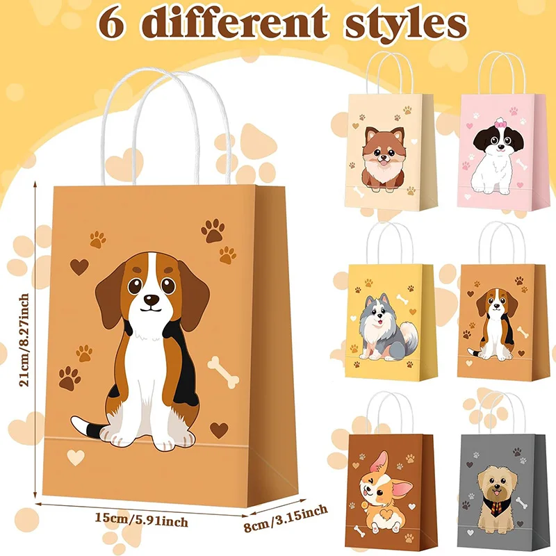 6/12/24 Pcs Cute Puppy Paper Bag with Handle Dog Birthday Party Candy Treat Bag Kid Birthday Party Favor Goodie Bag Pet Adoption