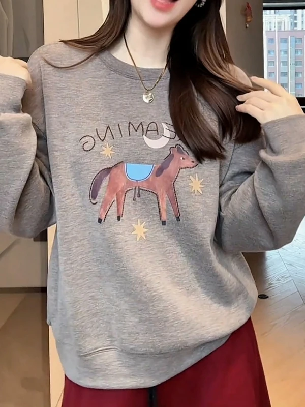 

Американский Sle Long Sve круглый свитшот с принтом Ne, женский повседневный свободный крой, осень-зима, универсальный утягивающий топ больших размеров