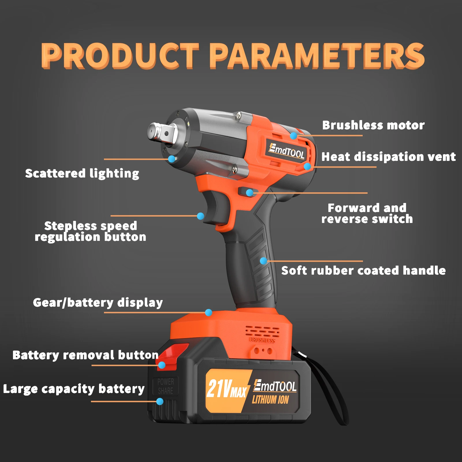 EMDTOOL 1/2 inch Cordless Brushless Impact Wrench, Variable Speed 3200rpm, Max Torque 1500Nm with 4 Socket Sets Impact Gun