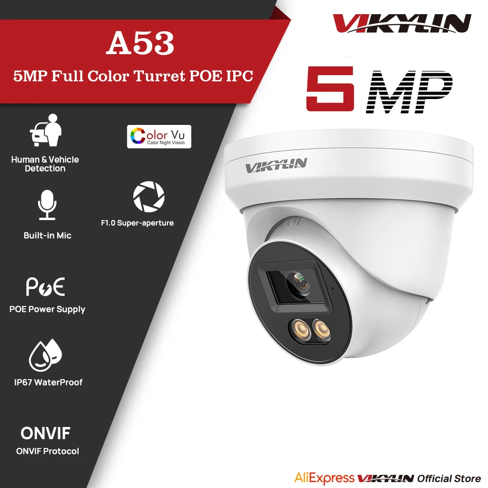 VIKYLIN 5MP IP Security Camera with Full Color Audio Poe Human & Vehicle Detection ONVIF Compatible SD Storage IP67 Outdoor