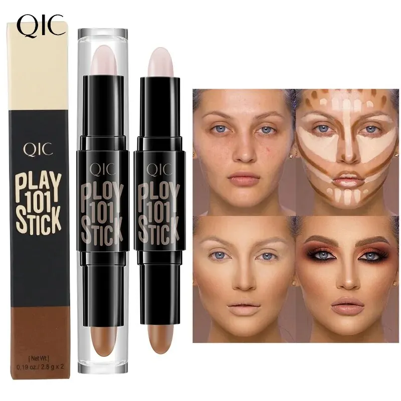 Double Head Contour Stick com escova, rosto, sombra de nariz, creme, contorno, caneta, duradoura, impermeável, bronzeador, maquiagem, cosméticos