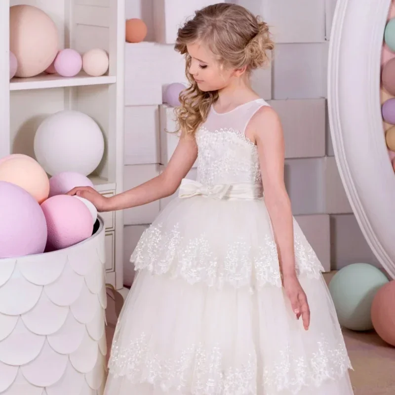 Ivory Tulle Lace Embroidery With Bow Belt Sleeveless For Wedding Birthday Banquet Holy Communion Gowns Flower Girl Dresses