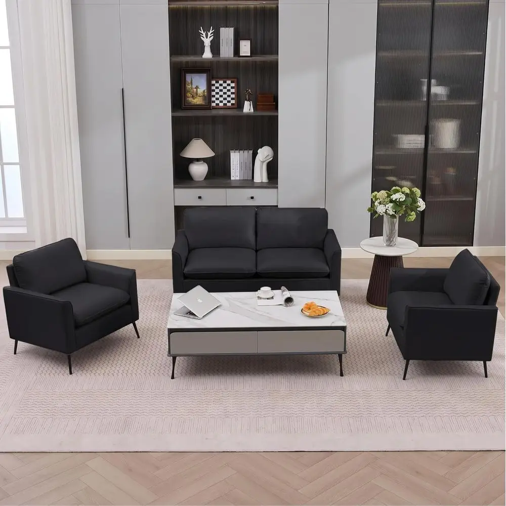 

Oversized Leather Loveseat and 2 Accent Chairs - Comfortable Sofa Set with Removable Cushions for Living Room, Office or Bedroom